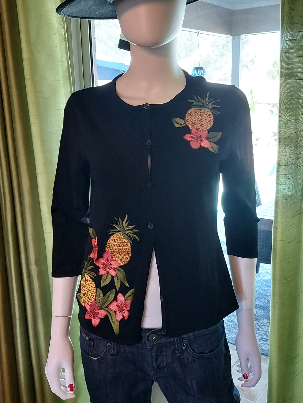 Black Rayon Pineapple & Floral Embroidered & Sequin Button-Up Cardigan. Sz. S